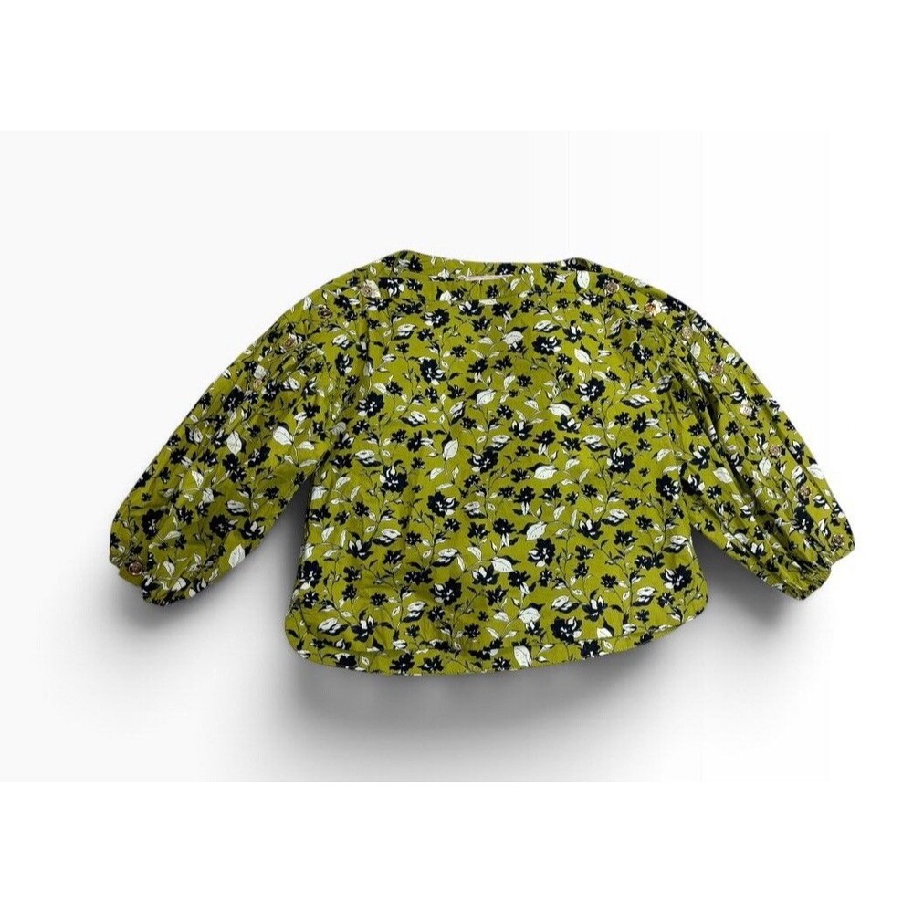 Buru Crew Neck Pullover Top Sz XS Floral Peplum Puff Sleeve Green